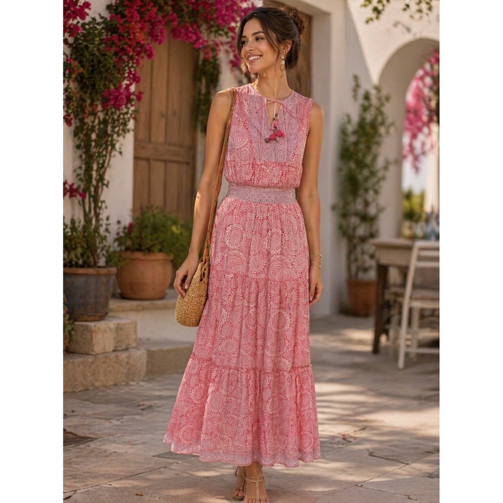 B44 Bell by Alicia Bell Emily Silk Blend Maxi Dress XS Tiered Vacation Resort